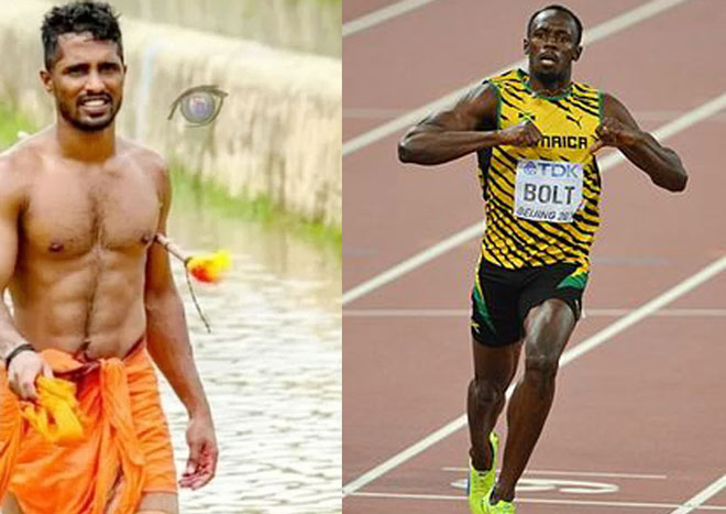 Nishant Shetty (trái) chạy với trâu 100m hết 9 giây 51 hơn kỷ lục của Bolt (phải) 0,07 giây
