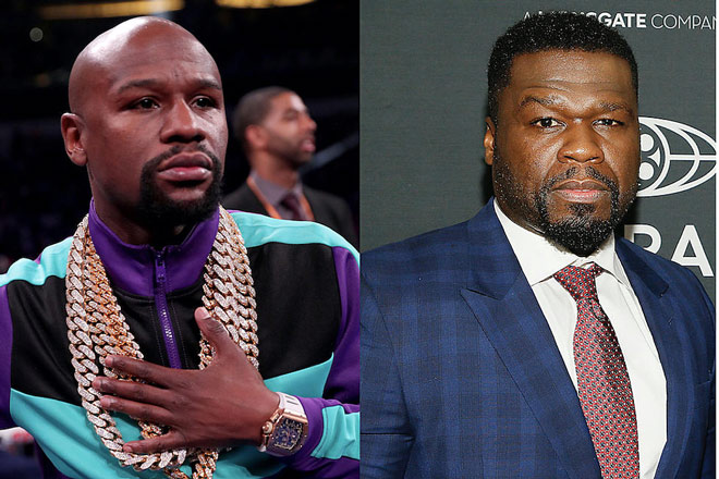 Mayweather (trái) đáp lại lời tuyên bố thiếu căn cứ của 50 Cent (phải)