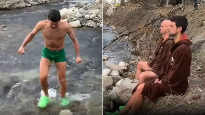 Djokovic cởi trần tắm suối chảy từ dòng sông lạnh giá mới tan băng cùng bạn mình