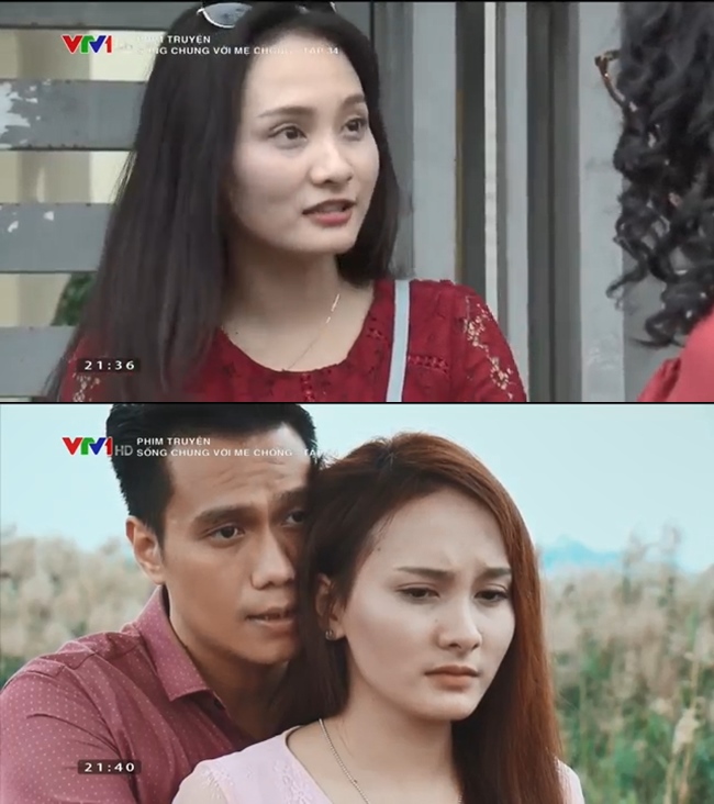 Trong phim "Sống chung với mẹ chồng", màu tóc của Minh Vân (Bảo Thanh đóng) biến đổi chỉ trong tích tắc dù cùng một phân cảnh.