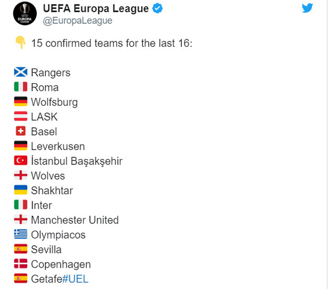 Danh sách 15 đội bóng đã lọt vào vòng 1/8 Europa League