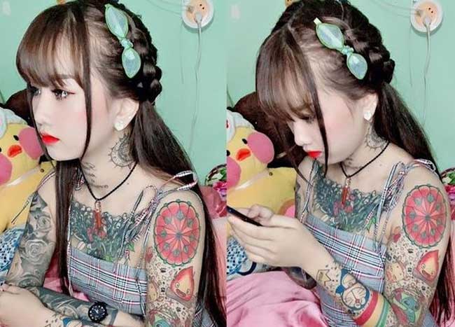 Hương có hình xăm đầu tiên vào năm 18 tuổi là một trái tim có đôi cánh ở ngực chỉ đơn giản là vì thích, được mẹ đưa đi xăm.