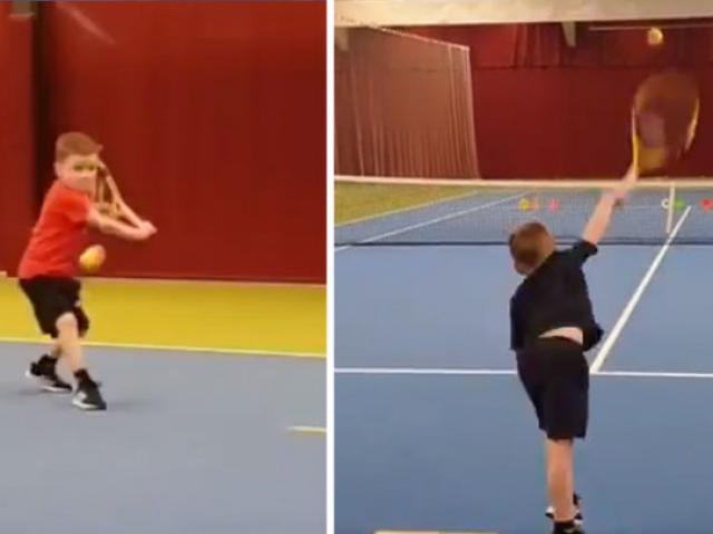 Thể thao - "Thần đồng" tennis 6 tuổi chơi trái 1 tay như Federer, giao bóng cực hiểm