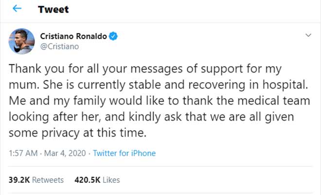 Tin HOT bóng đá tối 4/3: Ronaldo cảm ơn fan trên Twitter - 1