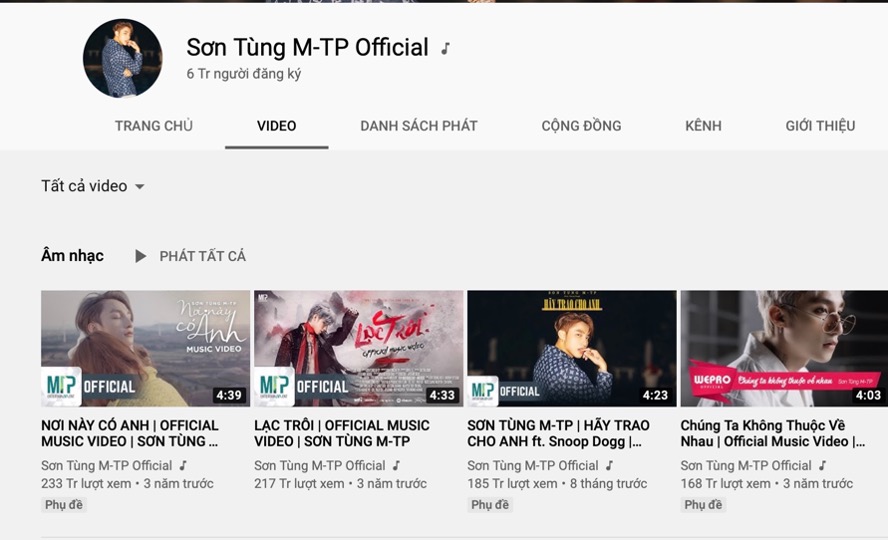 Kênh YouTube của Sơn Tùng M-TP sở hữu những MV view cao nhất Việt Nam.