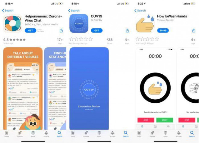 Một số ứng dụng Covid-19 trên App Store ngày 6/3. Ảnh: BI