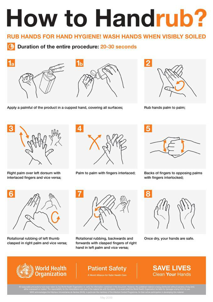 Hướng dẫn rửa tay bằng cồn của WHO gồm các bước thông thường kèm lưu ý: rửa ít 20-30 giây. (Ảnh: WHO)