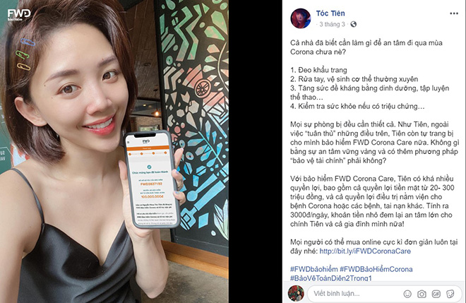 Ca sĩ Tóc Tiên chia sẻ về “FWD Bảo hiểm Corona và hỗ trợ viện phí” trên trang cá nhân