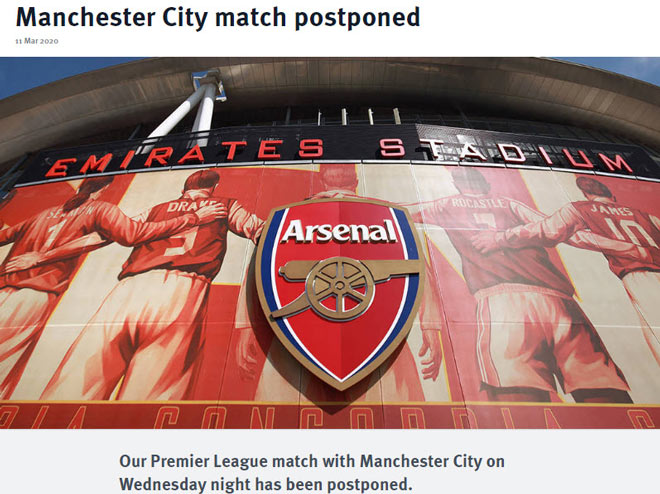 Trang chủ Arsenal thông báo hoãn trận đấu với Man City