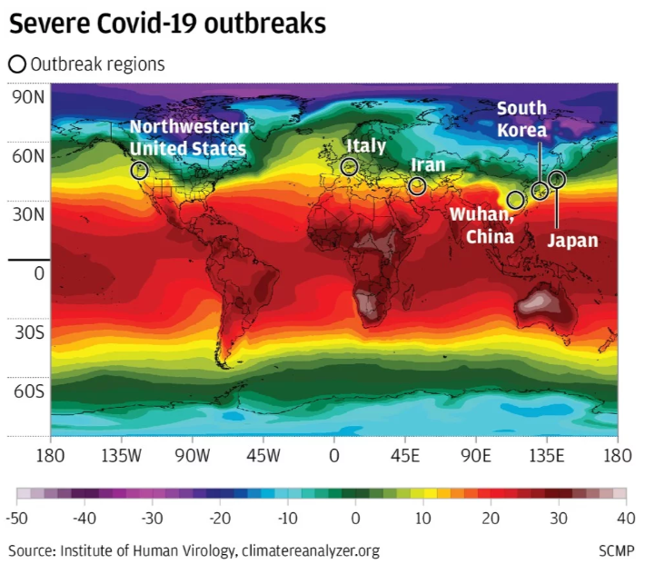 Những nơi Covid-19 lây lan mạnh nhất&nbsp;thế giới như Vũ Hán, Hàn Quốc, Iran, Italia... có sự tương đồng về vĩ độ (nằm trong khoảng 30-50 độ vĩ Bắc) (Nguồn: SCMP)
