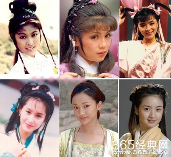 Các diễn viên từng đảm nhận Hoàng Dung trong "Anh hùng xạ điêu" (từ trái qua, từ trên xuống): Mễ Tuyết, Ông Mỹ Linh, Trần Ngọc Liên, Châu Ân, Châu Tấn, Lâm Y Thần.