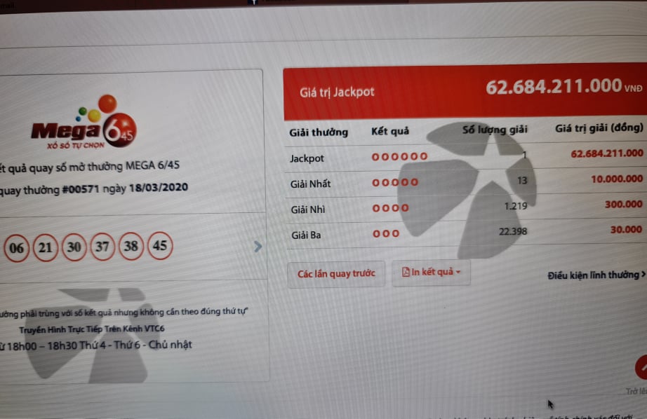Kết quả kỳ quay 571 của sản phẩm xổ số Mega 6/45.