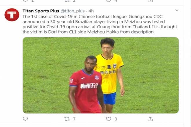 Dòng Twitter của Titan Sports đăng tải về thông tin cầu thủ của Meizhou Hakka nhiễm Covid-19