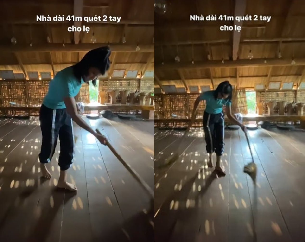 H&#39;Hen Niê dùng hai tay hai chổi mới quét nhanh được căn nhà dài 41m.