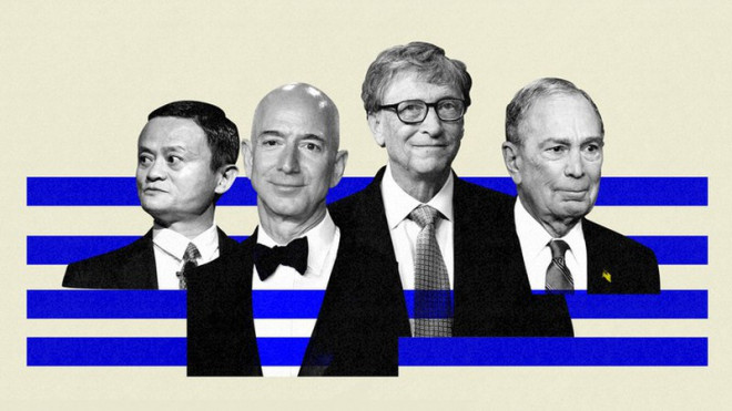 (Từ trái qua) cựu Chủ tịch tập đoàn Alibaba Jack Ma, Chủ tịch tập đoàn Amazon&nbsp;Jeff Bezos, cựu Chủ tịch tập đoàn Microsoft Bill Gates, Chủ tịch tập đoàn truyền thông cùng tên Michael Bloomberg. Ảnh: THE ATLANTIC