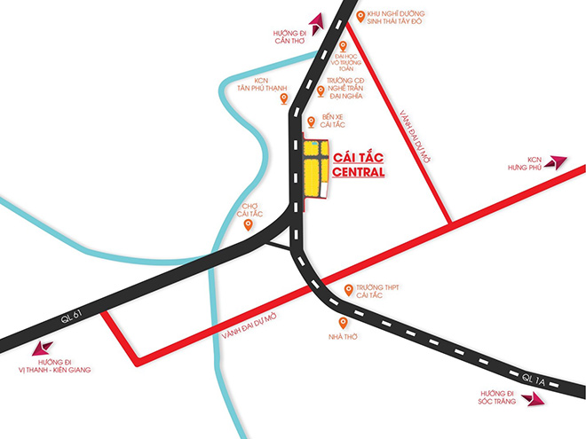 Cái Tắc Central sở hữu vị trí đắc địa ngay “mặt tiền” Quốc Lộ 1A, liền kề TP Cần Thơ, là trục đường chính giao thông thuận tiện đi về các tỉnh Miền Tây