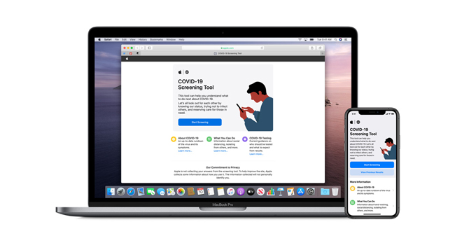 Ứng dụng Covid-19 với iPhone và trang web Covid-19 trên MacBook.