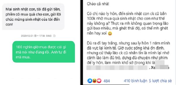 Bài chia sẻ của chị P. và đoạn tin nhắn với chồng cũ.