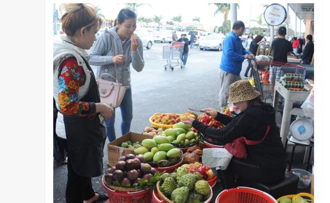 Đây là một góc chợ bán trái cây, trong đó có vú sữa, xoài cát Hòa Lộc Việt Nam chính hiệu.
