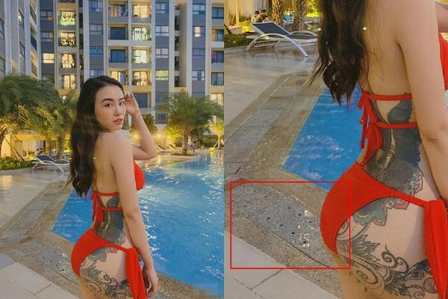 Linh Miu bị cư dân mạng phát hiện ra phần nền gạch ở bể bơi bị méo trong bức hình khoe vẻ đẹp bốc lửa vòng ba.
