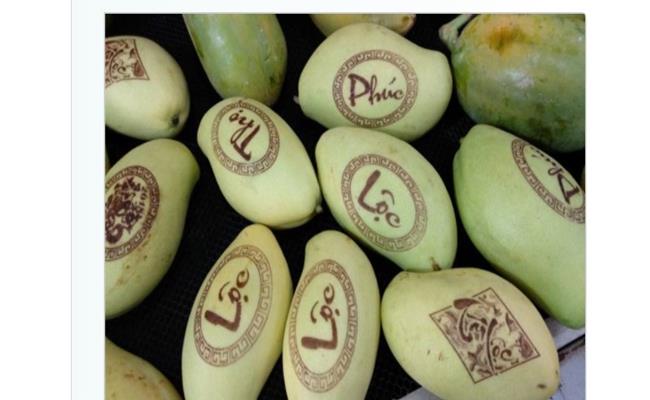 Ngoài các sản phẩm nông sản được tạo hình, các nhà vườn nhận đơn hàng khắc chữ lên trái xoài giống Đài Loan. Năm ngoái giá một trái xoài khắc 1 chữ là 200.000 đồng, năm nay đồng giá 200.000 đồng cho một trái xoài khắc 2 chữ.
