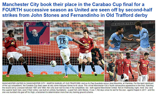 Tiêu đề lớn của tờ Daily Mail sau trận derby Manchester ở bán kết League Cup