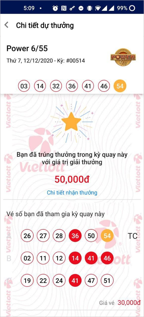 Tấm vé trúng được mua trên ứng dụng VietlottSMS