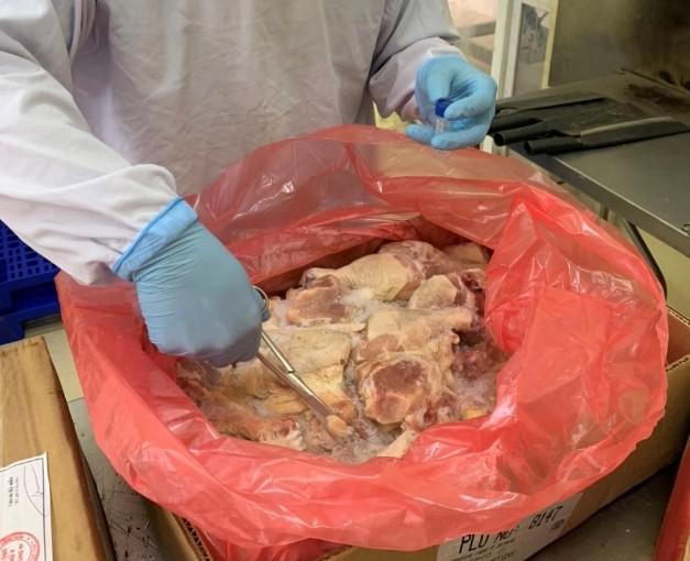 Cơ quan chức năng lấy mẫu và xét nghiệm SARS-CoV-2 trên thực phẩm đông lạnh nhập khẩu - Ảnh: Lăng Trần