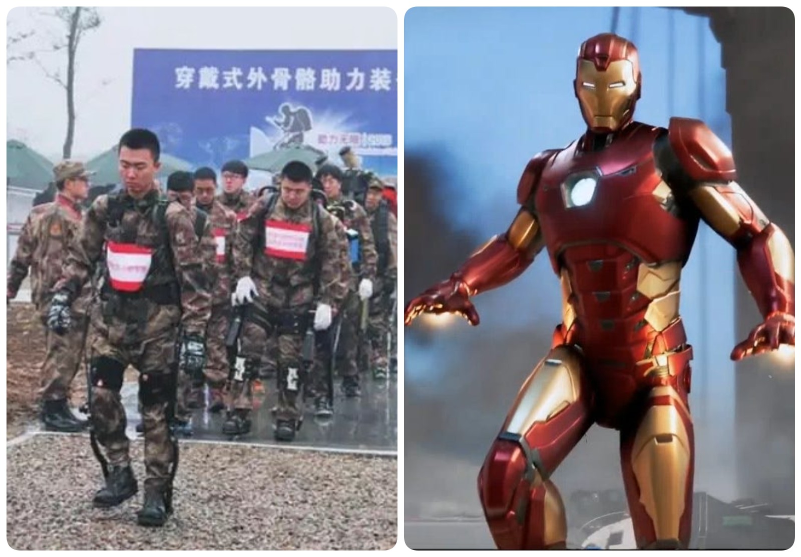 Bộ giáp mới chỉ giúp binh sĩ Trung Quốc mang vác vật nặng chứ không có tác dụng chiến đấu, theo Hoàn cầu. Bên phải là bộ giáp của nhân vật Iron Man trong phim Hollywood.
