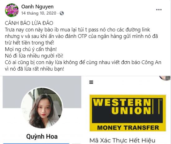 Chị Oanh đã đăng bài nhằm cảnh báo mọi người. Ảnh chụp màn hình.