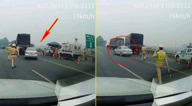 Hình ảnh ô tô không chấp hành hiệu lệnh của CSGT được camera hành trình của phương tiện lưu thông phía sau ghi lại trên cao tốc Pháp Vân - Cầu Giẽ - Ninh Bình