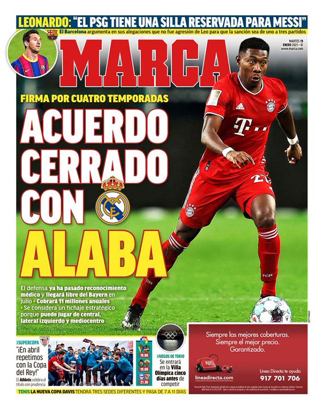 Trang nhất của tờ Marca đăng tin Alaba sẽ là người của Real Madrid