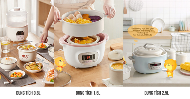 Nồi nấu chậm Bear có nhiều dung tích đa dạng với nhiều thố nhỏ và xửng hấp