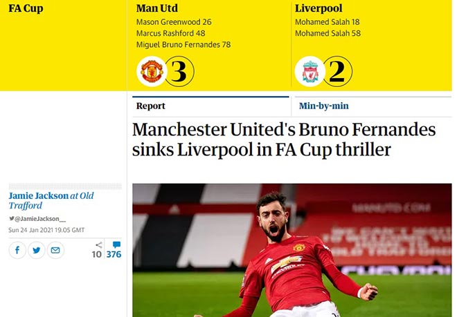 "Bruno Fernandes của MU nhấn chìm Liverpool trong trận cầu FA Cup kịch tính", tiêu đề bài viết của The Guardian