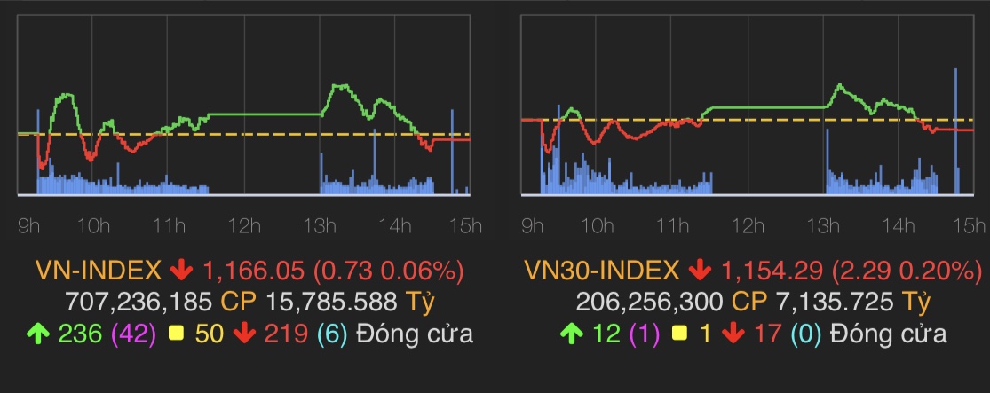 VN-Index giảm 0,73 điểm (0,06%) xuống 1.166,05 điểm