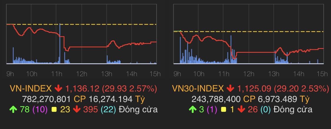 &nbsp;VN-Index mất 30 điểm và lùi về 1.136 điểm.
