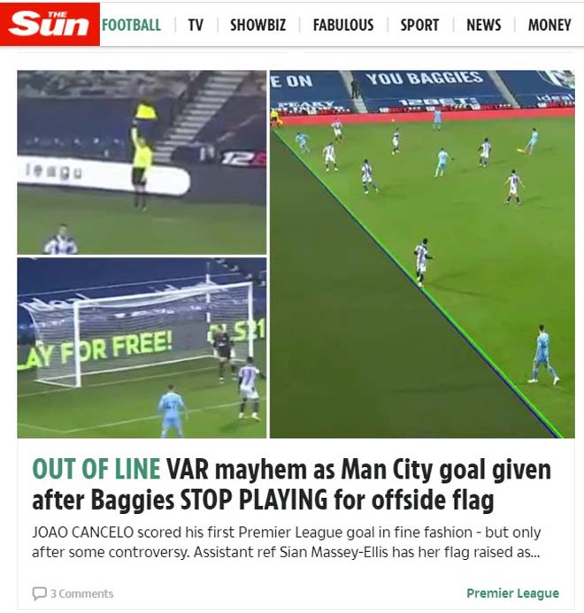Tờ The Sun nhận định bàn thắng của Man City vào lưới West Brom gây tranh cãi