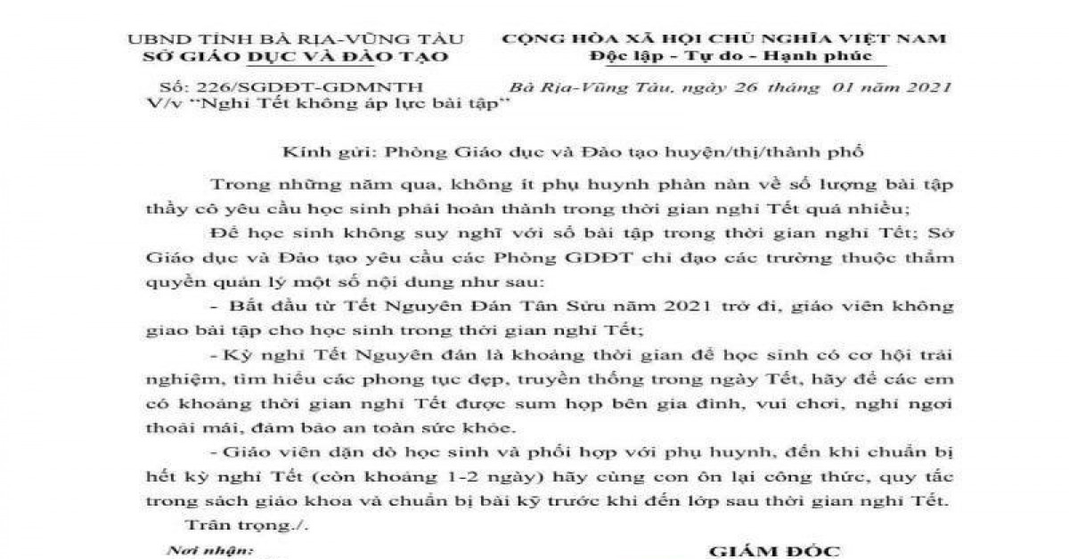 Giáo dục - du học - Bà Rịa-Vũng Tàu: Miễn bài tập về nhà cho học sinh khi nghỉ Tết