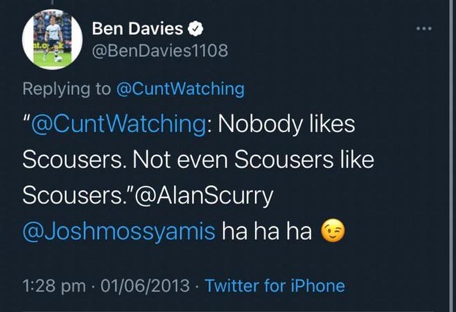 Đoạn tweet cũ của Ben Davies bị các fan chụp lại được mặc dù anh đã xóa đi