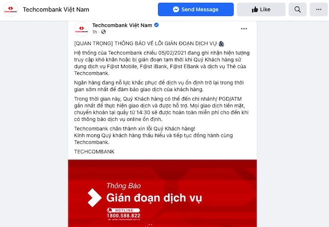 Techcombank gián đoạn dịch vụ ngày cận Tết, thanh toán online bị từ chối - 1