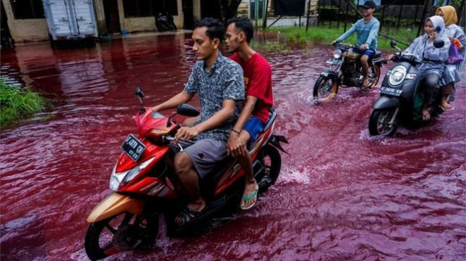 Người dân địa phương vẫn sinh hoạt bình thường bất chấp lũ lụt. Ảnh: Reuters.