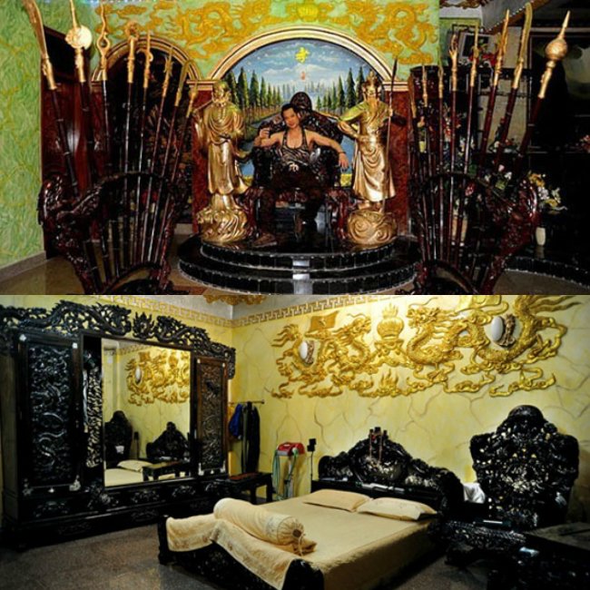 Nội thất bên trong được trang trí theo kiểu “quái dị”, trên tường gắn con rồng nhũ vàng cùng nhiều hoa văn lạ mặt.
