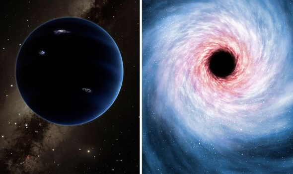 Mô tả về "hành tinh thứ 9" tối tăm vì nằm quá xa hay hất văng khỏi hệ Mặt Trời (ảnh trái) và phiên bản lỗ đen bí ẩn - Ảnh đồ họa từ dữ liệu NASA