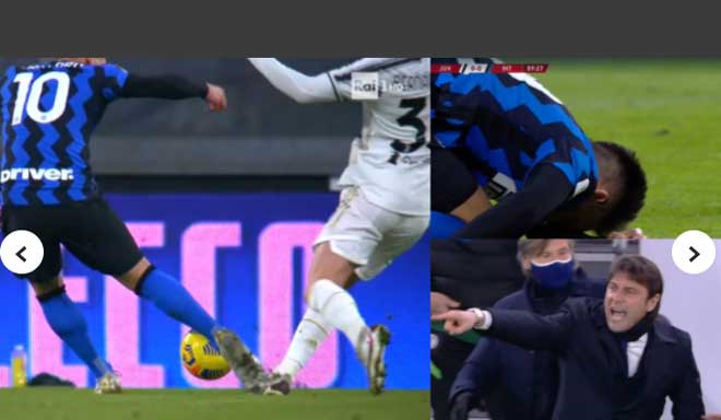 HLV Antonio Conte bức xúc vì Inter Milan không được hưởng phạt đền sau tình huống Lautaro Martinez bị Rodrigo Bentancur (Juventus) đốn ngã trong vòng cấm của đội chủ nhà ở phút thứ 10