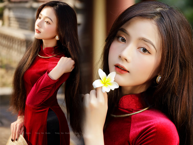 Bạn trẻ - Cuộc sống - "Hot girl ảnh thẻ" diện áo dài đỏ du xuân đẹp ngất ngây