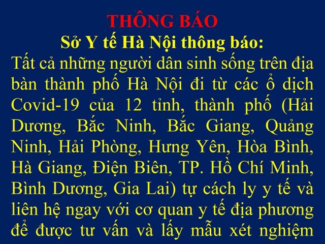 Tin tức trong ngày - THÔNG BÁO: Người trở về Hà Nội từ 12 tỉnh/thành có ổ dịch phải xét nghiệm SARS-CoV-2