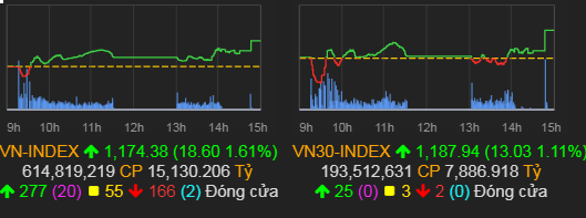 VN-Index tăng 18,6 điểm (1,61%) lên 1.174,38 điểm.