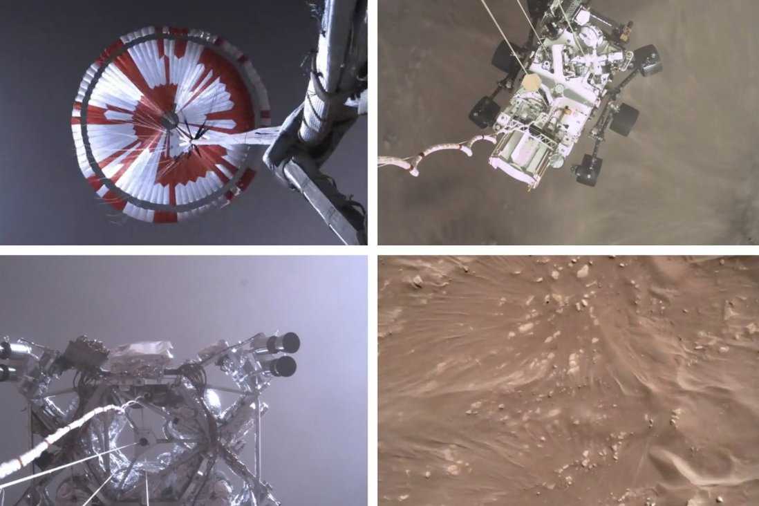 Khoảnh khắc xe tự hành đáp xuống bề mặt sao Hỏa từ nhiều góc quay khác nhau.