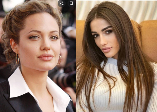 Dudieva (phải) khá giống diễn viên&nbsp;Angelina Jolie (trái)