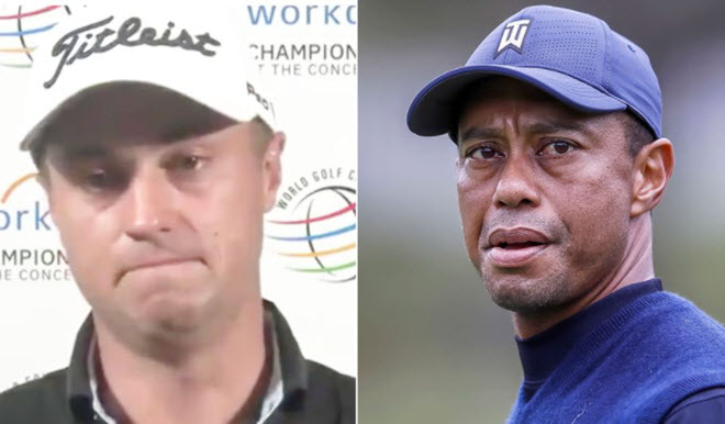 Justin Thomas (trái) bật khóc khi nói về tai nạn của người bạn thân Tiger Woods (phải)